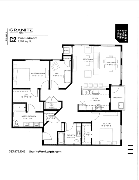 Floor plan for 2 beds, 2 baths, 1214 sqft